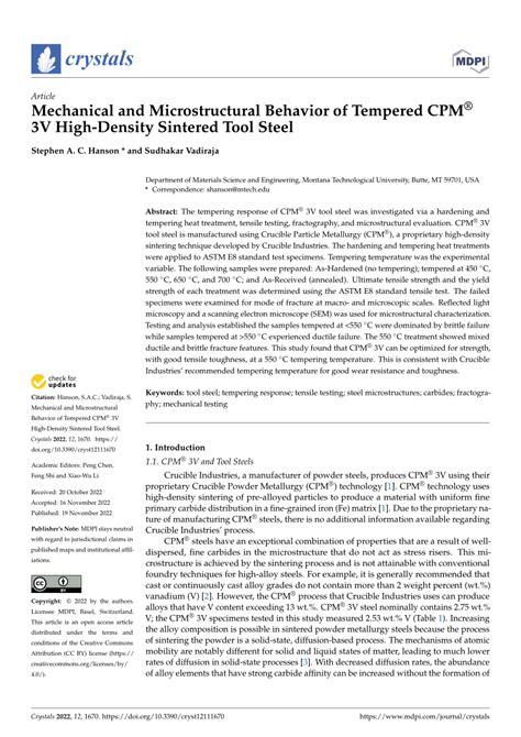 (PDF) Mechanical and Microstructural Behavior of Tempered CPM® 3V High-Density Sintered Tool Steel