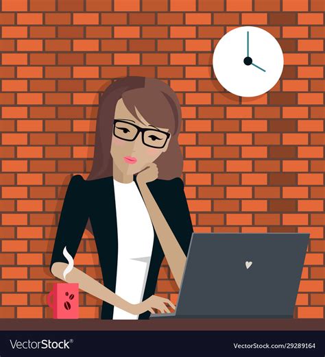 Woman working on laptop bored at work Royalty Free Vector