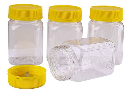 Plastic Honey Jar 500gm Square Yellow Lid, Bulk, 210 pcs,