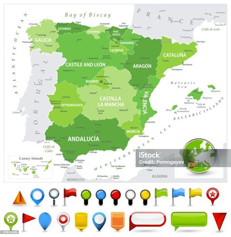 Spain Map Spot Green Colors And Glossy Icons Stock Illustration - Download Image Now - Madrid ...