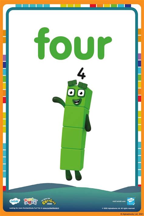 a green cartoon character is in front of a four poster with the word four on it