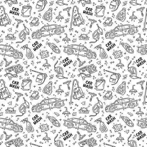 Car wash and detaling seamless pattern with icons in the Doodle style, hand drawing. Auto with ...