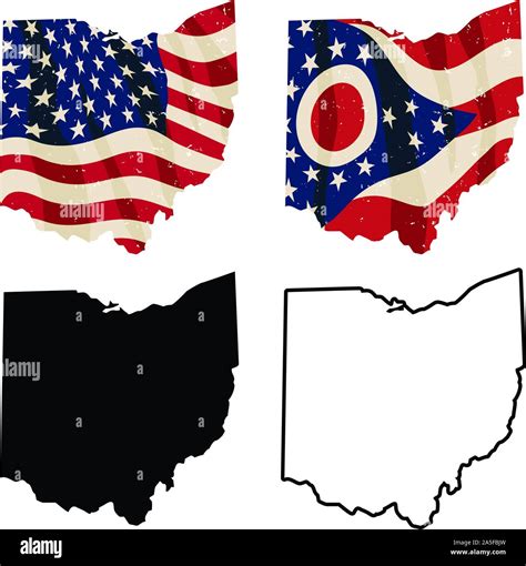 Ohio with USA flag, Ohio flag, black silhouette and black outline ...