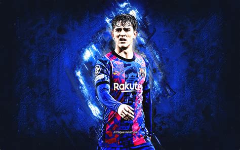 Download wallpapers Gavi, FC Barcelona, Spanish footballer, midfielder, portrait, blue stone ...