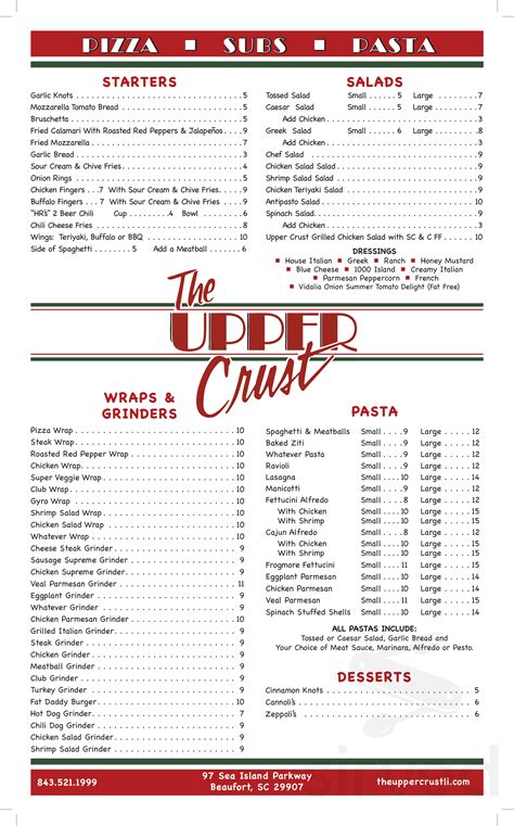 The Upper Crust menu in Beaufort, South Carolina, USA