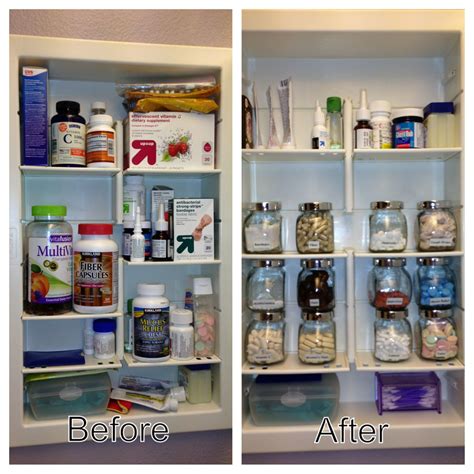 An organized medicine cabinet with ikea spice jars. I did this in my pantry-- took products ou ...