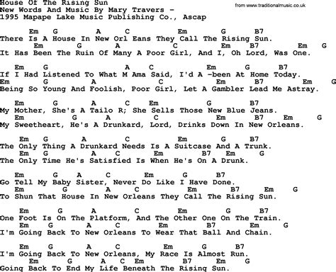 Peter, Paul and Mary song: House Of The Rising Sun, lyrics and chords