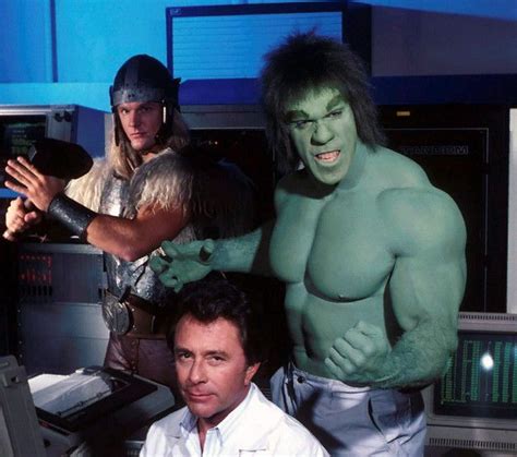 Eric Kramer as Thor, Bill Bixby as Dr. David Banner and Lou Ferrigno as The Hulk in The ...