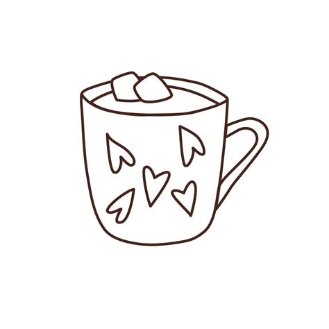 Doodle vector drawing of hot chocolate with marshmallows in mug with hearts. Valentines day ...