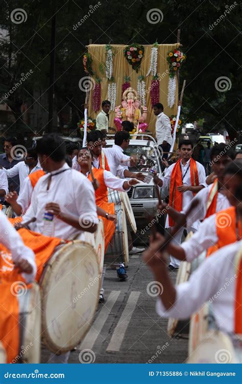 Pune, India - September 17, 2015: Ganesh Festival Procession Being Traditionally Celebrated Dhol ...