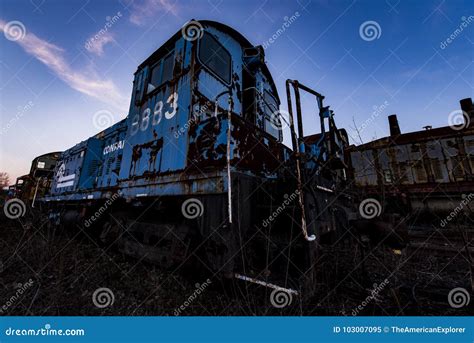 Derelict Conrail Locomotives at Sunset - Abandoned Railroad Trains Editorial Image - Image of ...