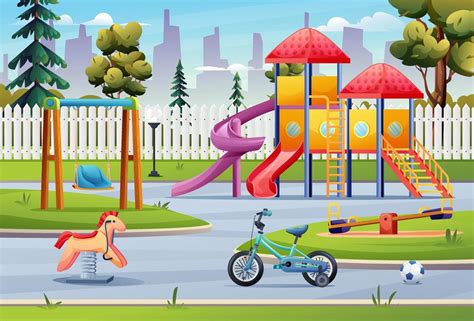 parque infantil parque público paisaje con tobogán, columpio, bicicleta ...