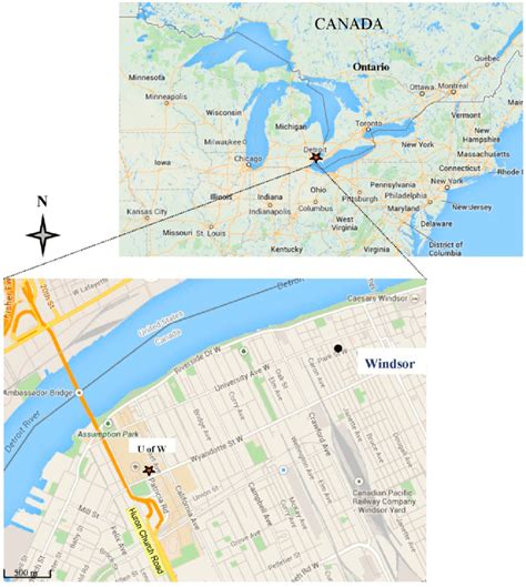 Map of sampling location ( ) at the University of Windsor, Ontario ...