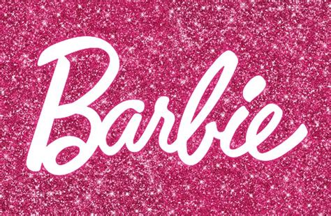 the word barbie written in white on a pink glitter background