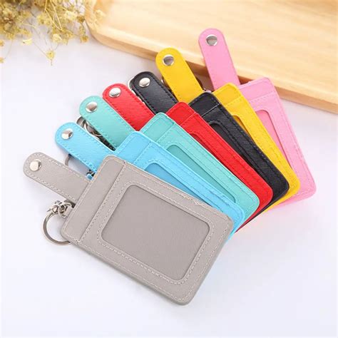 PU Leather 3 Layer ID Card Holder Card Pocket Case Badge With Keychain ...