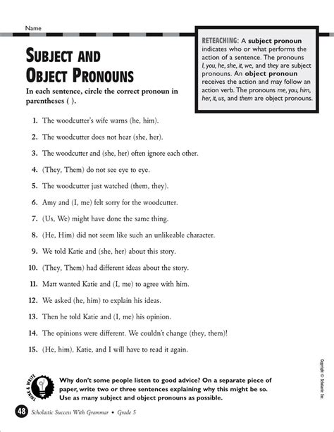 Subject And Object Pronouns Worksheets