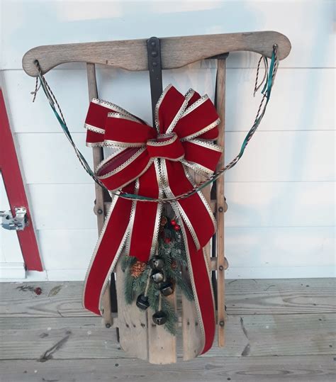 Antique Sled Winter Snow Sled Decoration With Green Swag, Red Bow and ...