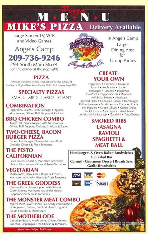 Menu at Mike's Pizza pizzeria, Angels Camp