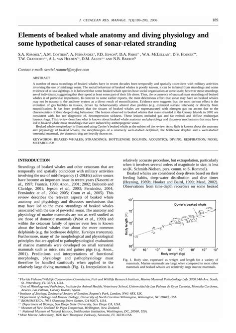 Elements of beaked whale anatomy and diving physiology and some hypothetical causes of sonar ...