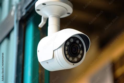 Close up shot of smart surveillance camera connected to security system ...