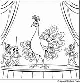 Coloring Page Of A Peacock Circus Ringmaster With Acrobats And Clowns  sketch template