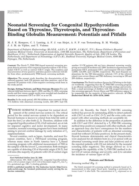 Neonatal Screening For Congenital Hypothyroidism Based On Thyroxine ...