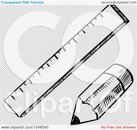 Clipart of a Black and White Sketched Pencil and Ruler - Royalty Free ...