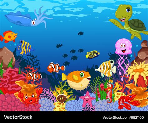 Funny sea animals cartoon set with sea life Vector Image