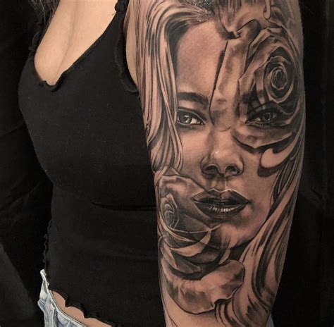 Women female portrait tattoo with roses half sleeve | Sleeve tattoos ...