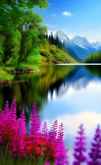 Premium AI Image | A beautiful mountain lake with a purple flower.