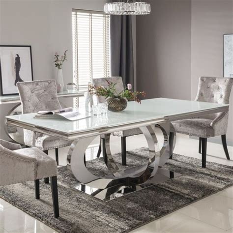 Barney Glass Dining Table Large In White And Polished Metal Base ...