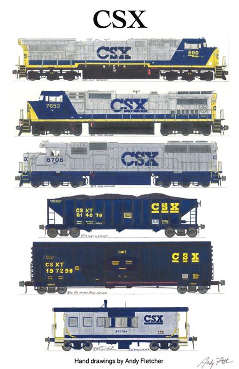 An 11"x17" poster with 6 of Andy Fletcher's hand drawings of CSX locomotives & rolling stock ...