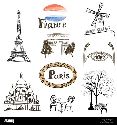 Paris icons set. Hand-drawn sketch of France landmarks: Eiffel Tower Basilica of the Sacred ...