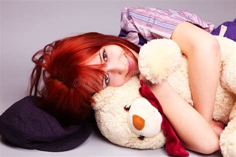 Beautiful Girl Sleeping with Teddy Bear at St. Val Stock Photo - Image ...