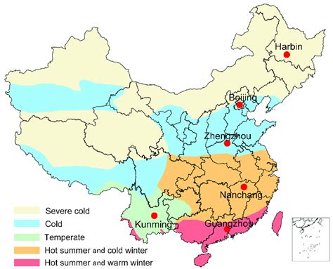 Map showing the climate zones of China and the six selected cities ...