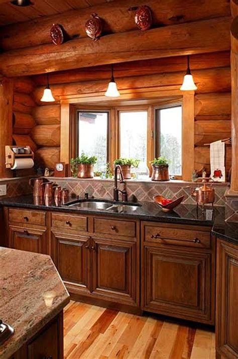 47 Inspiring Small Rustic Kitchen Design Ideas 2019 | Log home kitchens, Log cabin kitchens, Log ...