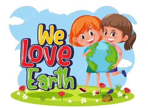 Premium Vector | We love earth typography logo with two girls holding earth toget