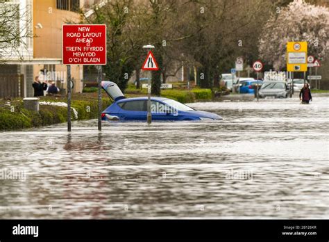 NANTGARW, NEAR CARDIFF, WALES - FEBRUARY 2020: Flood water on Treforest Industrial Estate as it ...