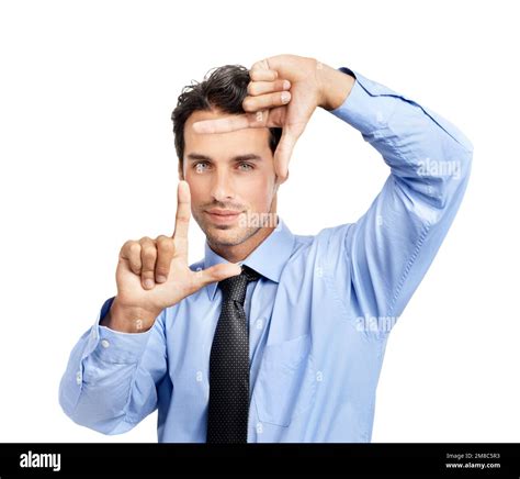 Hands, frame and portrait of business man on studio background for profile picture. Face, worker ...