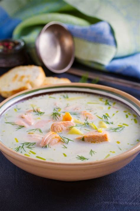 Salmon Soup. Creamy Salmon Fish Soup in Bowl Stock Photo - Image of ...