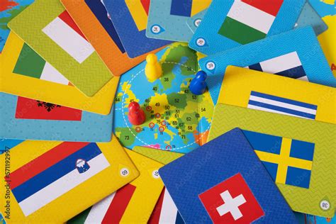 Board geography game with flags, world map and chips Stock Photo ...