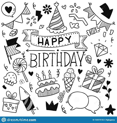 06-19-001 Hand Drawn Party Doodle Happy Birthday Ornaments Background Pattern Vector Illus ...