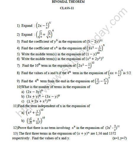 CBSE Class 11 Mathematics Binomial Theorem Worksheet Set A