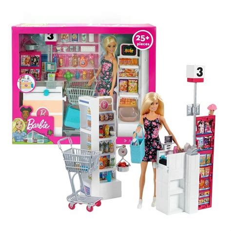 Barbie Supermarket Playset Barbie Blonde Doll 25+ pcs Shop Trolley Toy Girl Gift