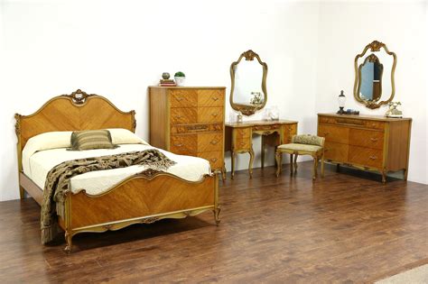 French Design 1940's Vintage Satinwood 7 Pc. Bedroom Set, Full Size Bed