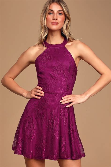 Truly Stunning Dark Magenta Lace Skater Dress | Lace skater dress, Pretty midi dresses, Cute ...