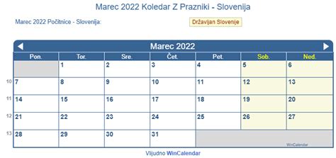 Marec 2022 Koledar Slovenija za tisk