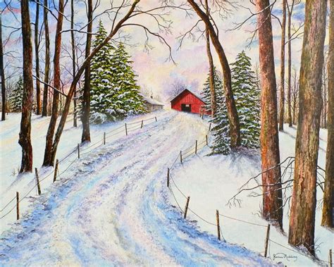 Winter Landscape Snow Painting Red Barn Painting Snow Scene Landscape ...