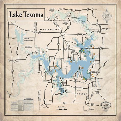 Lake Texoma Classic Sepia Map - Gallup Map