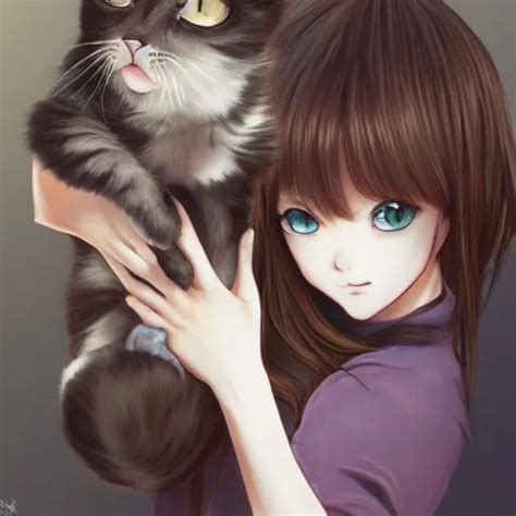 girl holding a cat, digital art, anime style, by | Stable Diffusion